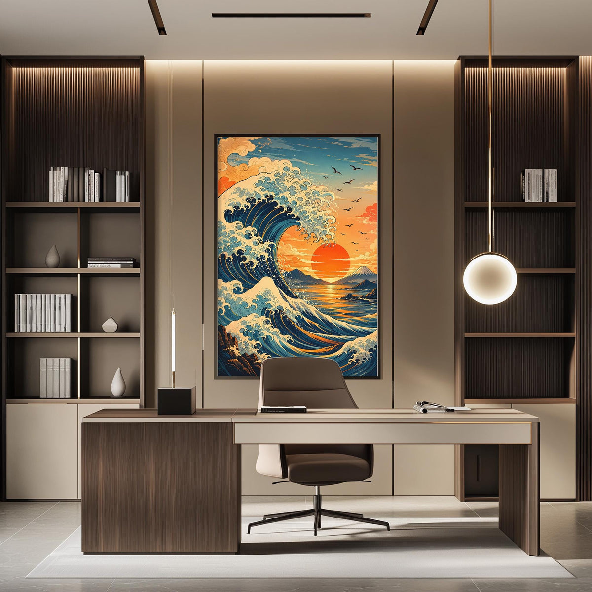 a modern office space with a large, colorful painting of a wave on the wall, a desk with a chair, and built-in bookshelves.