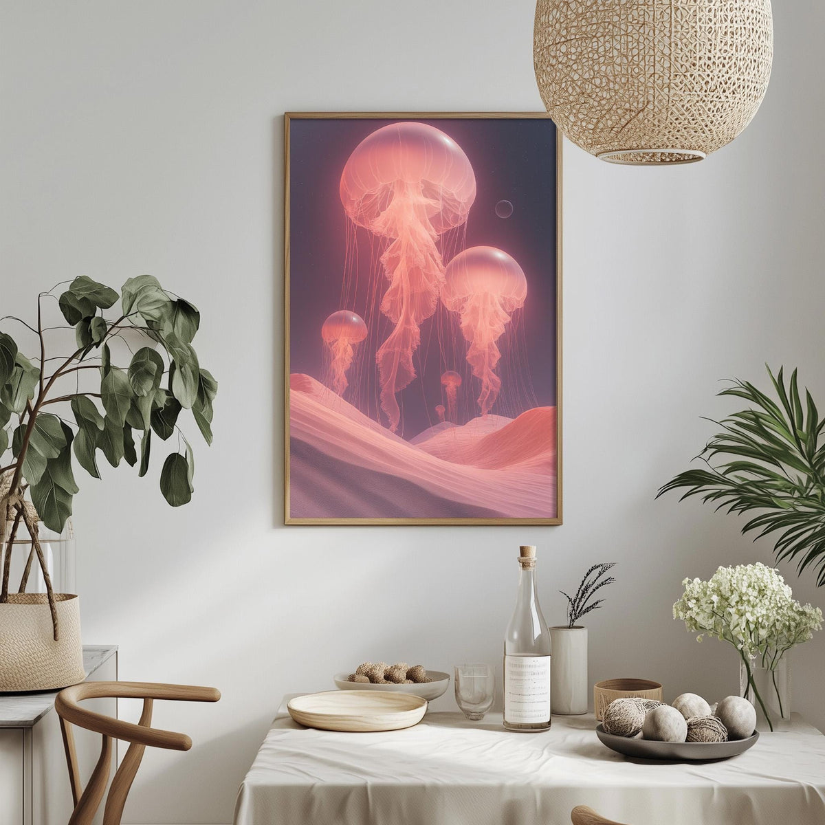a dining table with a white tablecloth, a bowl of fruit, a bottle, and a vase with flowers. Above the table, there is a framed picture of jellyfish floating in the ocean.