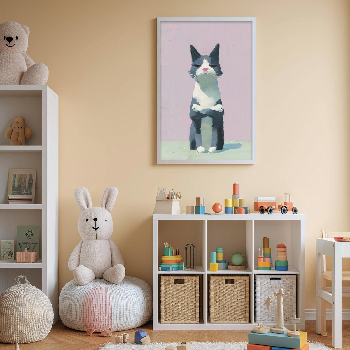 A child's bedroom with a white bookshelf, a stuffed rabbit, a framed picture of a cat, and a toy train set.