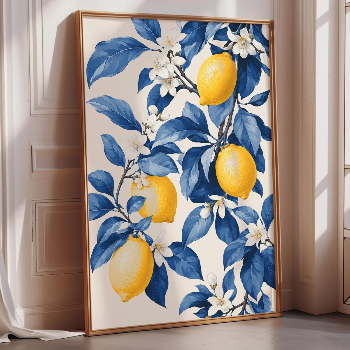 A framed print of a vibrant lemon tree with blue leaves and yellow lemons is displayed on a wall.
