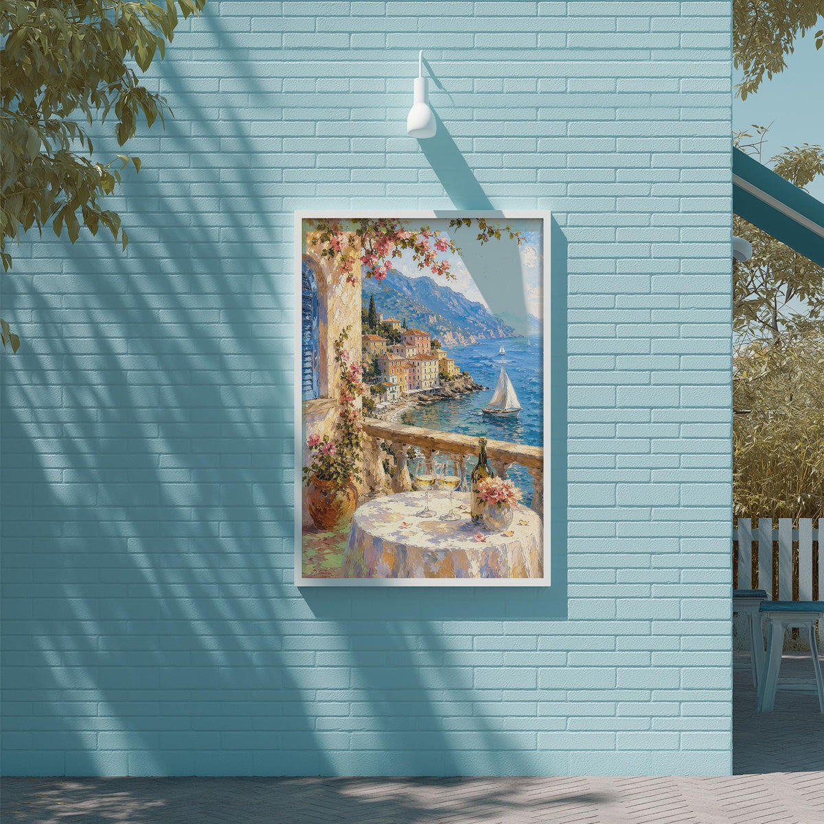 a painting of a coastal scene with a sailboat, a table with flowers, and a balcony overlooking the water.