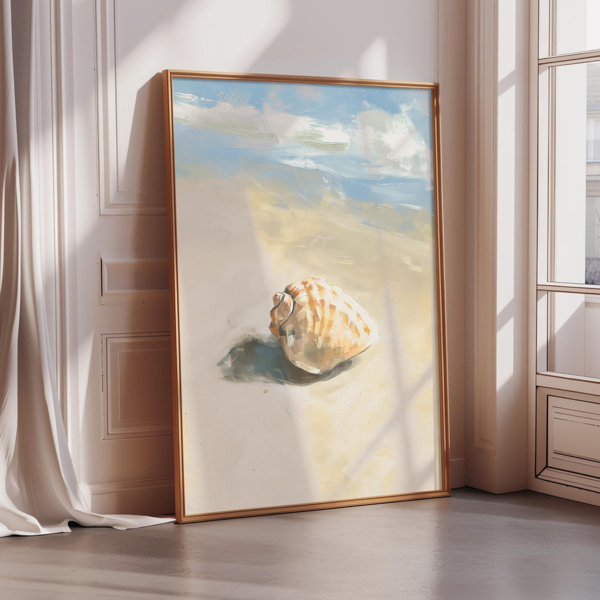 A framed painting depicting a seashell on a sandy beach, with a blue sky and clouds in the background.