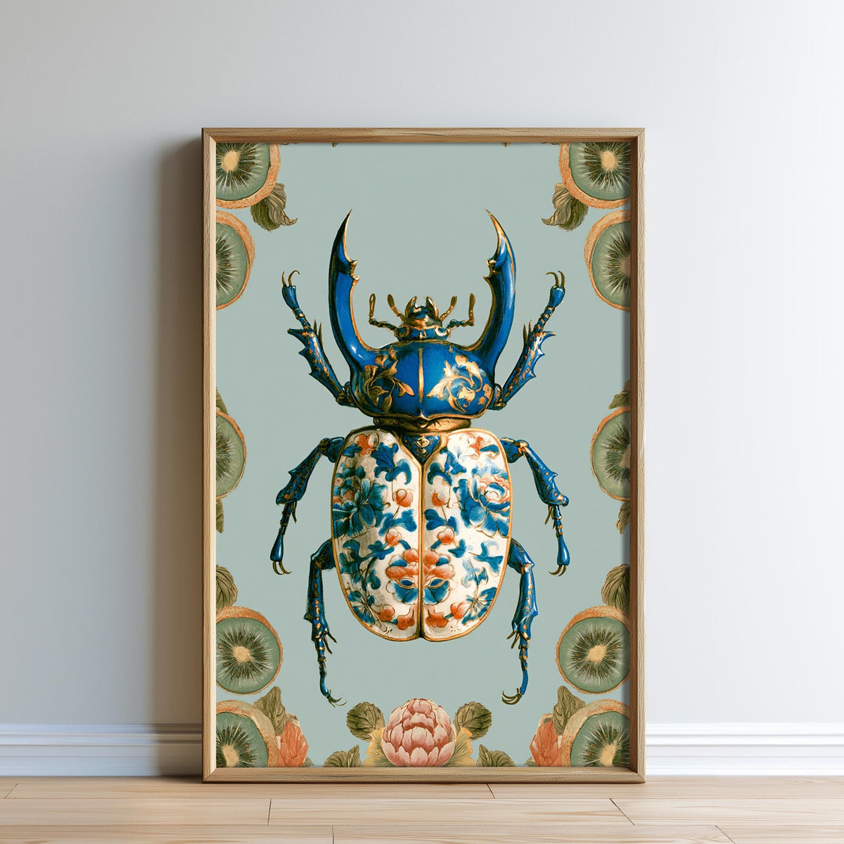 a large, intricately detailed blue and gold beetle with a floral pattern on its body, standing on a green background with a border of green and orange flowers.