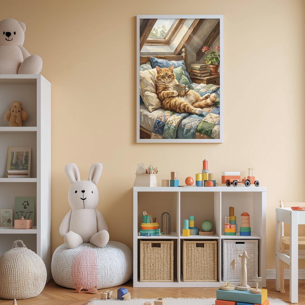 A cozy children's bedroom with a large stuffed rabbit, a bookshelf, and a colorful toy box. A framed painting of a cat sitting on a bed is hanging on the wall above the bookshelf.