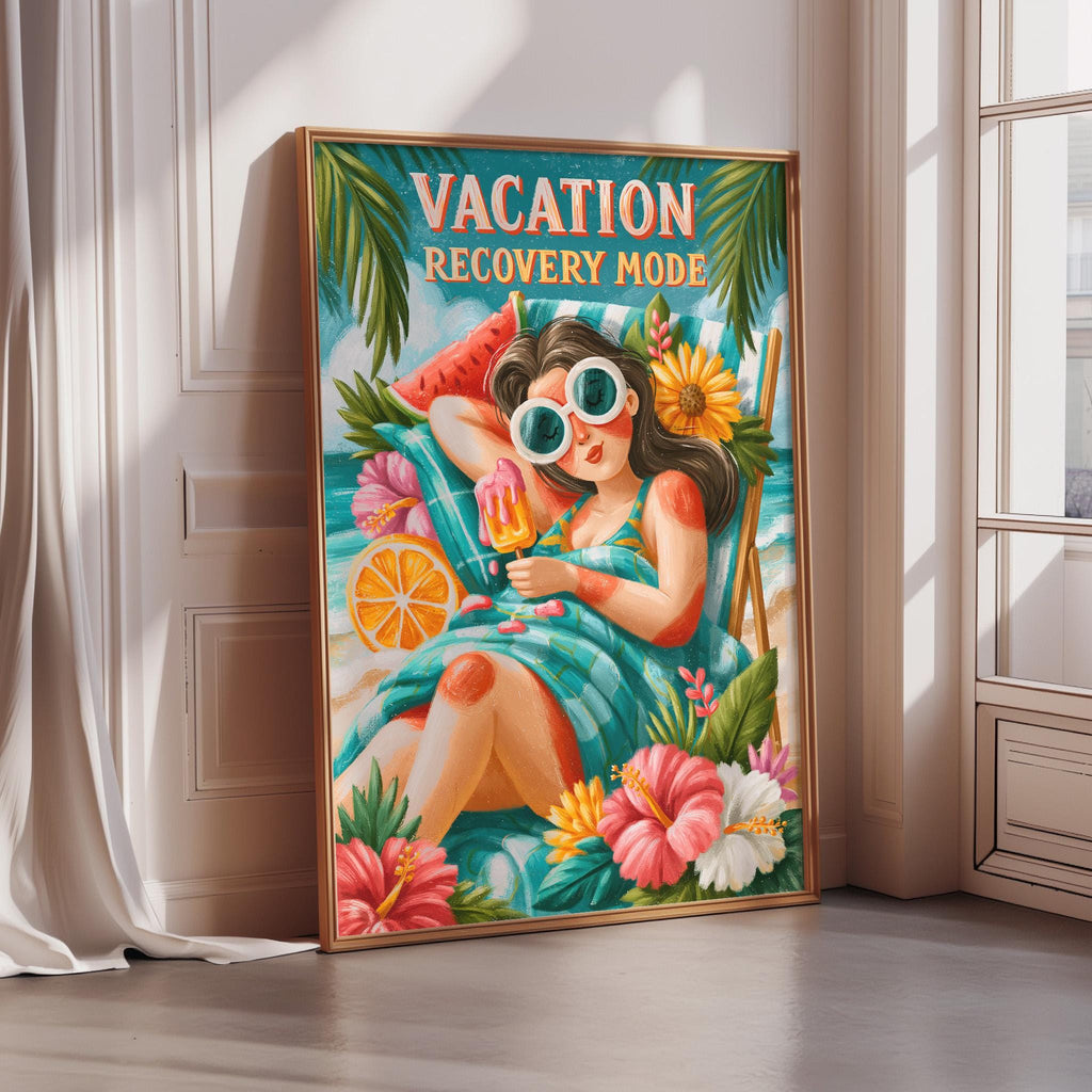 The image is a vibrant poster featuring a woman lounging on a beach, surrounded by tropical flowers and fruits. The text "VACATION RECOVERY MODE" is prominently displayed, suggesting a vacation-themed design.