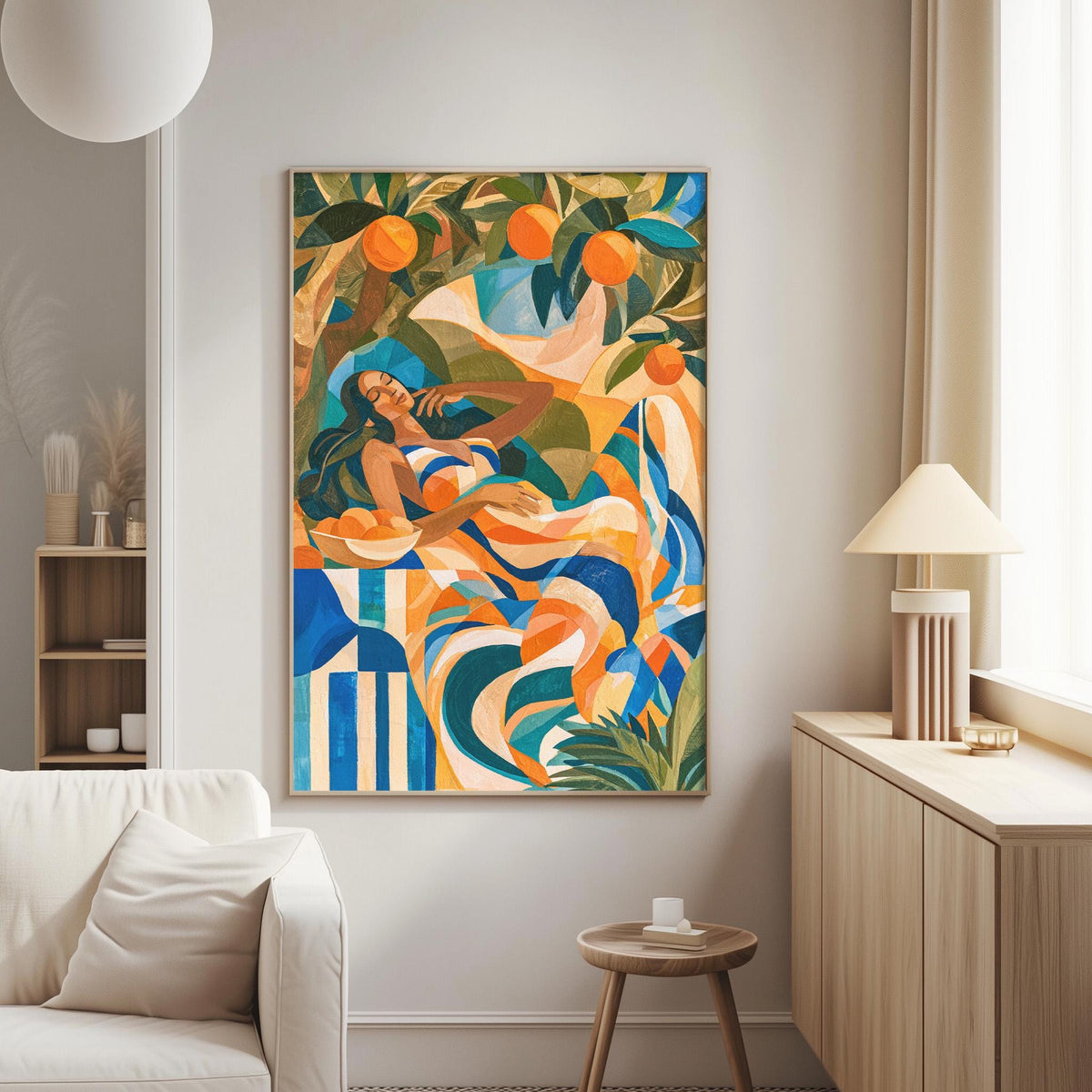 a large abstract painting hanging on a wall in a living room. The painting is colorful and vibrant, with a woman depicted in the center surrounded by various geometric shapes and patterns. The room has a white sofa, a wooden side table, and a lamp on a nearby table.