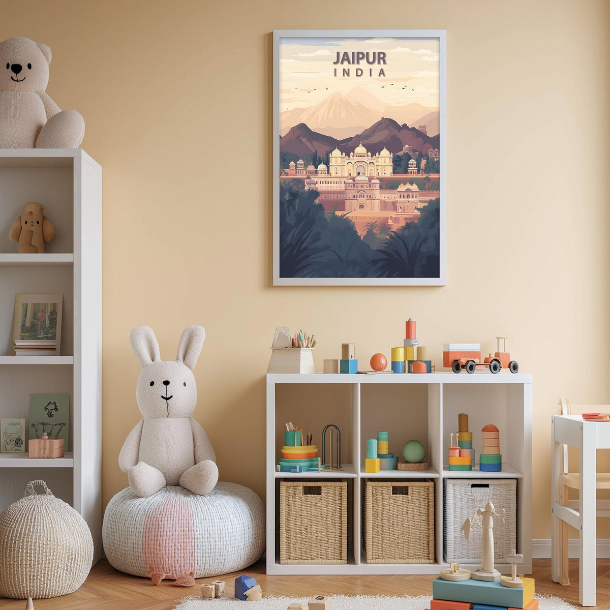 a child's bedroom with a large poster of Jaipur, India, hanging on the wall. The poster depicts a cityscape with mountains in the background. The room is decorated with various toys, including a teddy bear, a stuffed rabbit, and a toy train. The walls are painted in a light color, and the floor is covered with a rug.