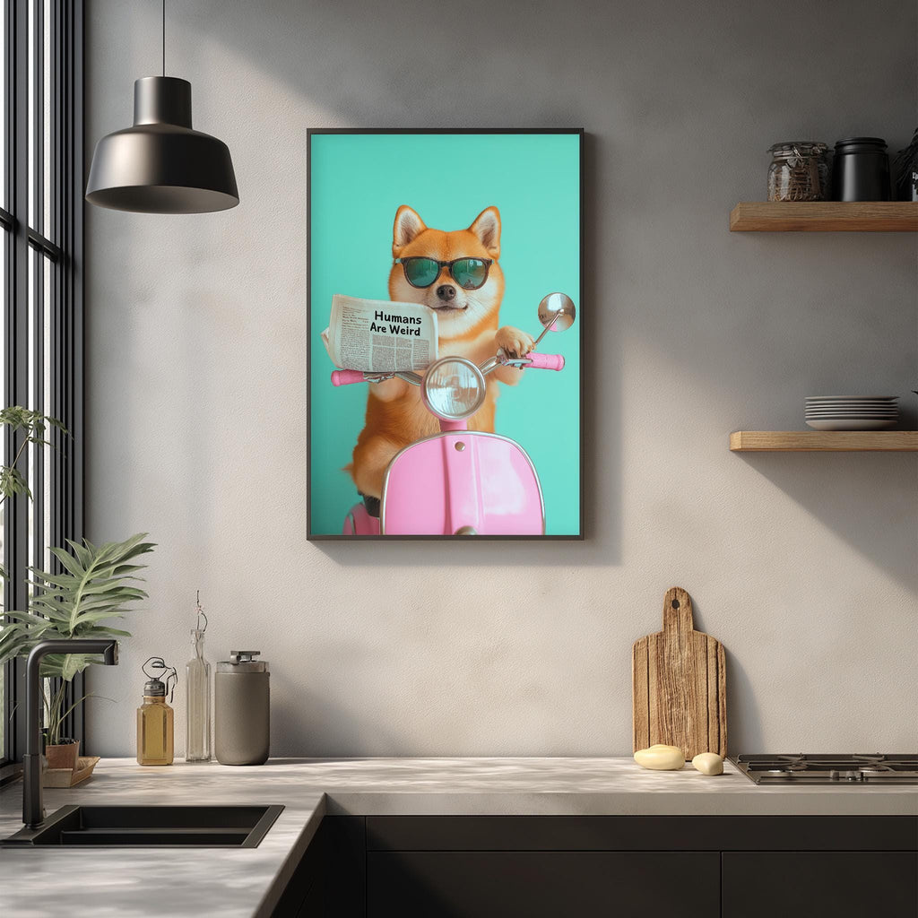 a Shiba Inu dog wearing sunglasses and holding a newspaper, sitting on a pink moped-style scooter.
