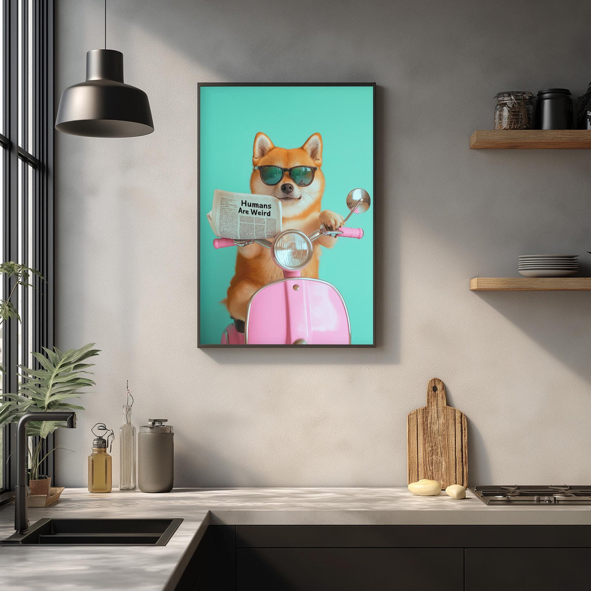 a Shiba Inu dog wearing sunglasses and holding a newspaper, sitting on a pink moped-style scooter.