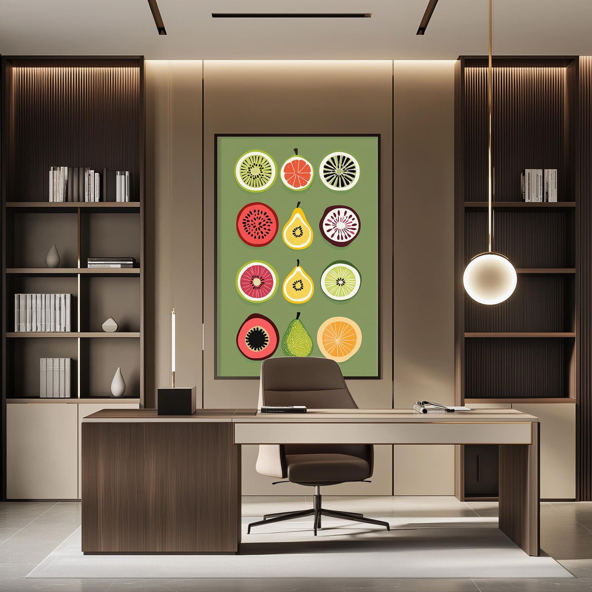 a modern office space with a large abstract artwork featuring various fruits on the wall. The office has a wooden desk, a comfortable chair, and a bookshelf filled with books. The overall design and decor create a pleasant and professional atmosphere.