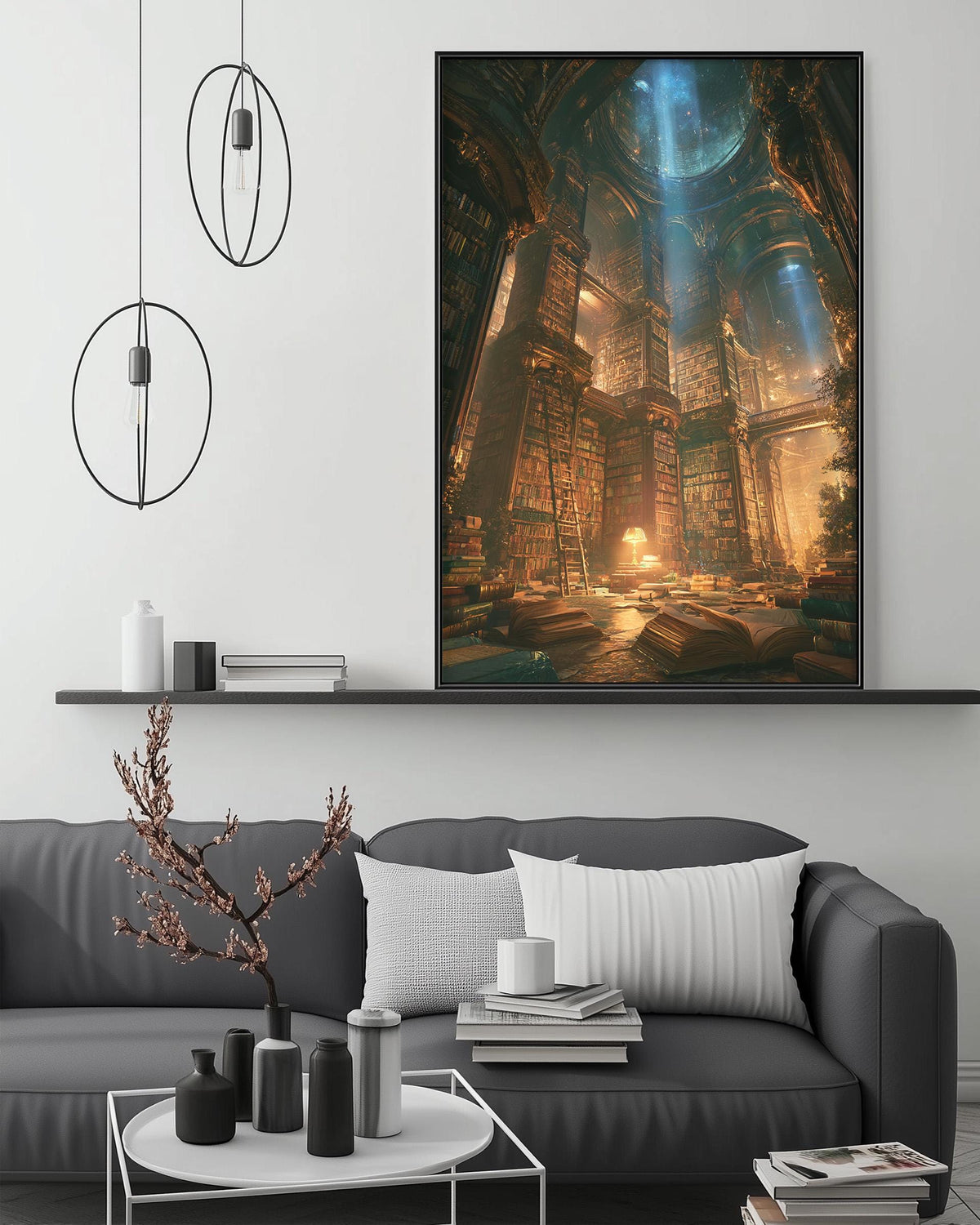 a cozy living room with a gray sofa, a coffee table, and a large framed painting of a fantastical, underground city with towering buildings and a glowing, ethereal atmosphere.