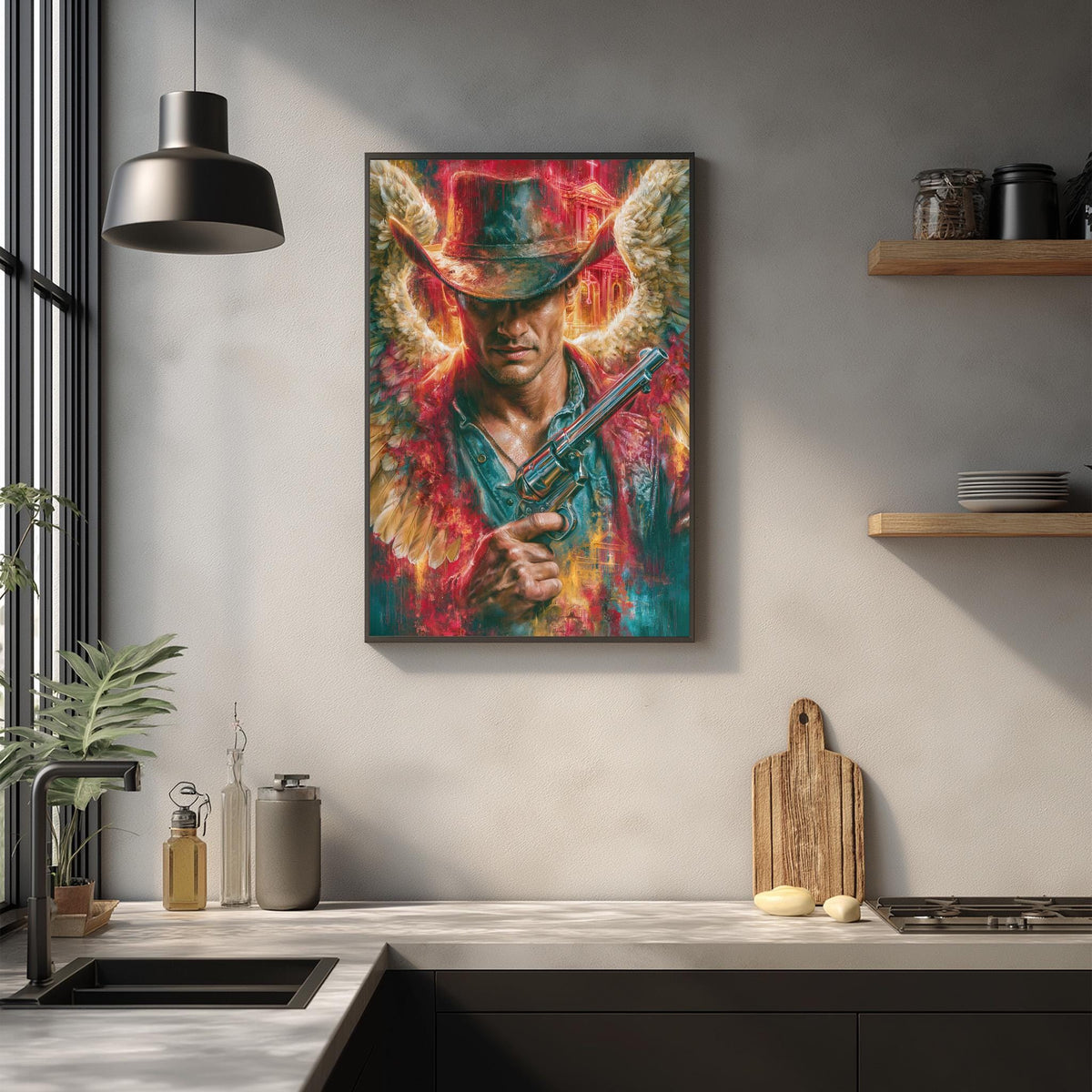 a vibrant painting of a man in a cowboy hat holding a gun, hanging on a wall above a kitchen counter.