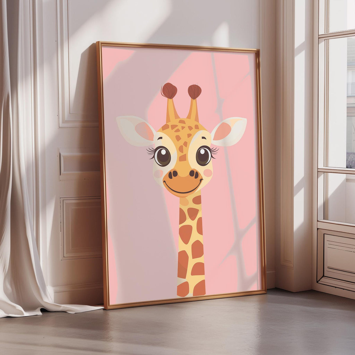 A framed illustration of a giraffe with a pink background and a smiling expression.