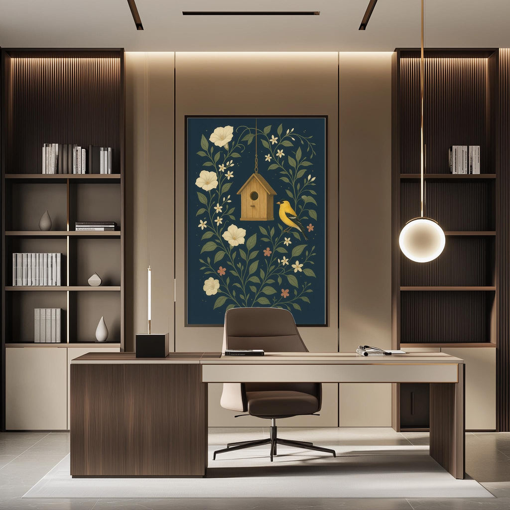 a modern and well-lit office space with a large framed artwork featuring a birdhouse and flowers on the wall. The office has a wooden desk, a comfortable-looking chair, and a bookshelf filled with books. The overall design and decor create a pleasant and professional atmosphere.