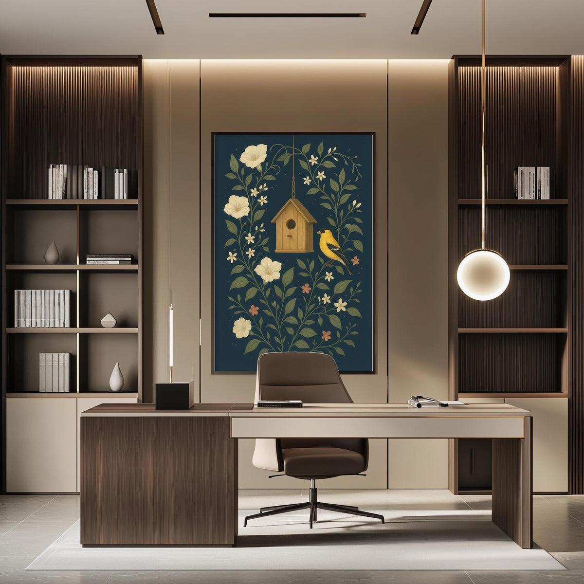 a modern and well-lit office space with a large framed artwork featuring a birdhouse and flowers on the wall. The office has a wooden desk, a comfortable-looking chair, and a bookshelf filled with books. The overall design and decor create a pleasant and professional atmosphere.