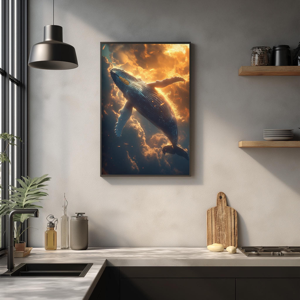 a large framed painting of a whale swimming in the ocean, with a dramatic sky in the background. The painting is hanging on a wall above a kitchen counter with various kitchen items, such as a cutting board, a bottle, and a vase.