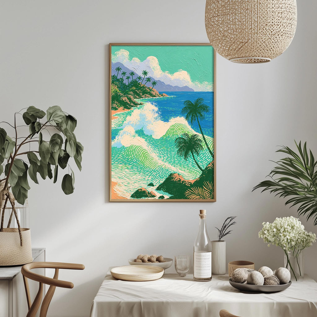 a framed painting of a tropical beach scene with palm trees, waves, and a clear blue sky, hanging on a wall above a dining table with various decorative items and plants.