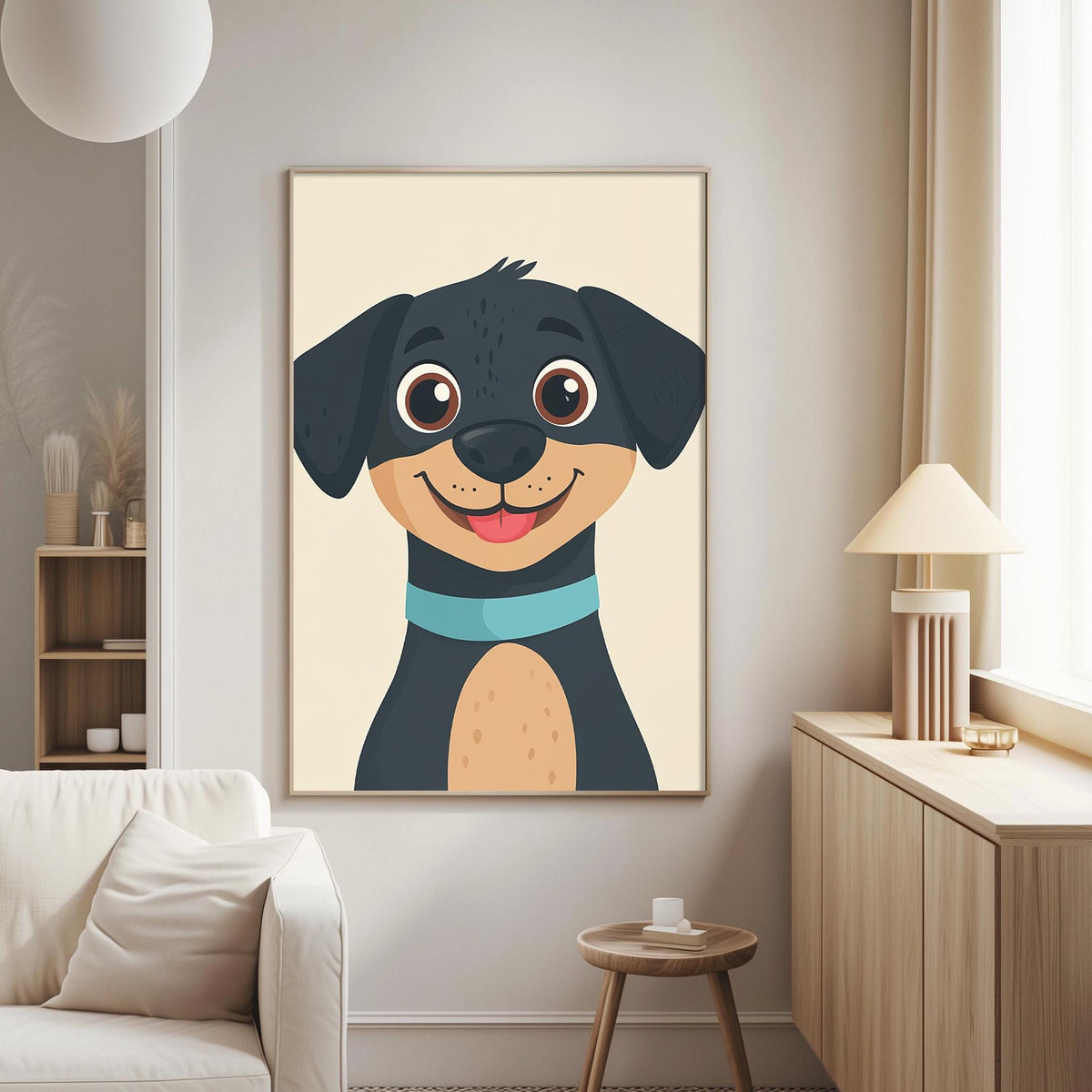 a large, cheerful dog with a blue collar, depicted in a cartoon style on a wall in a cozy living room setting.