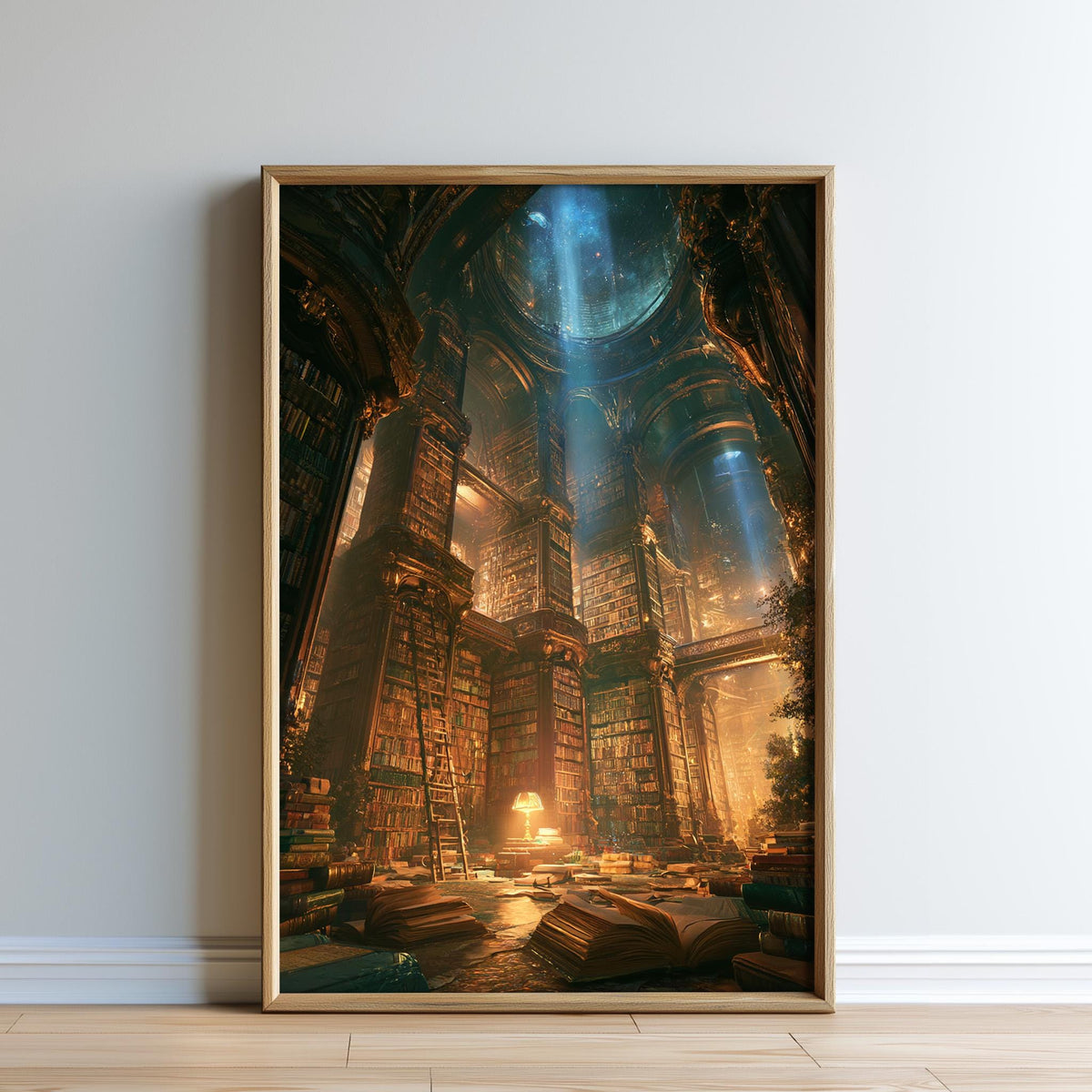 The image is a framed painting depicting a fantastical, ancient library with towering bookshelves, a grand archway, and a glowing, ethereal atmosphere.