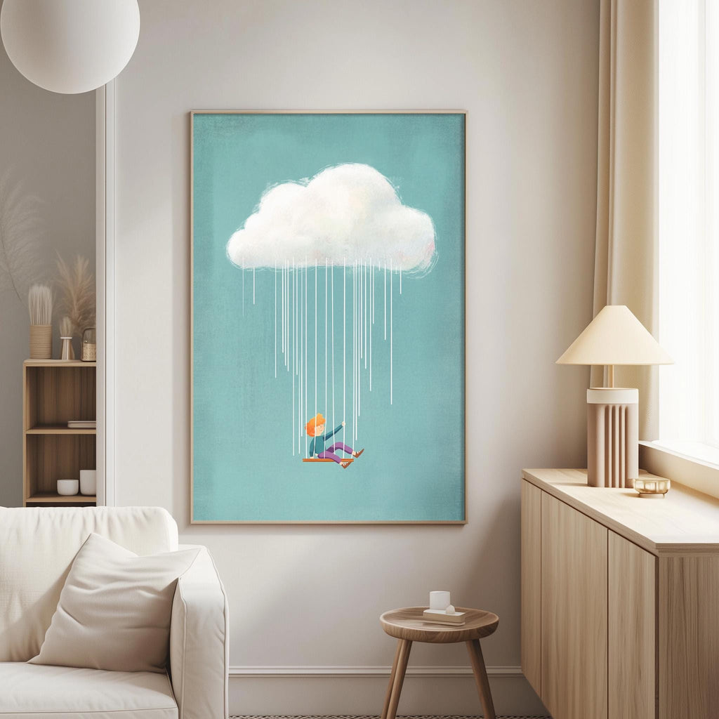 a cozy living room with a white sofa, a wooden side table, and a framed artwork of a person sitting on a swing under a cloud.