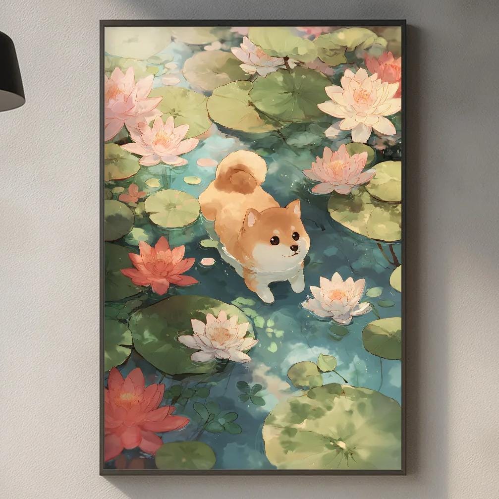a kitchen counter with a framed painting of a dog swimming in a pond filled with lily pads, surrounded by pink and white flowers. The painting is hanging on the wall above the counter.