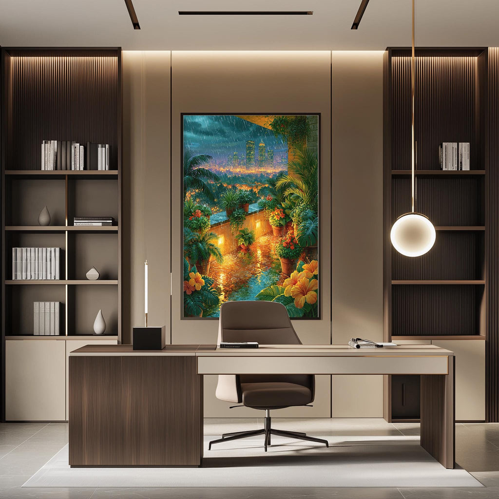 a modern and well-lit office space with a large painting of a tropical landscape hanging on the wall. The office features a wooden desk with a chair, and a bookshelf filled with books and decorative items. The overall design and layout of the space create a comfortable and visually appealing environment.