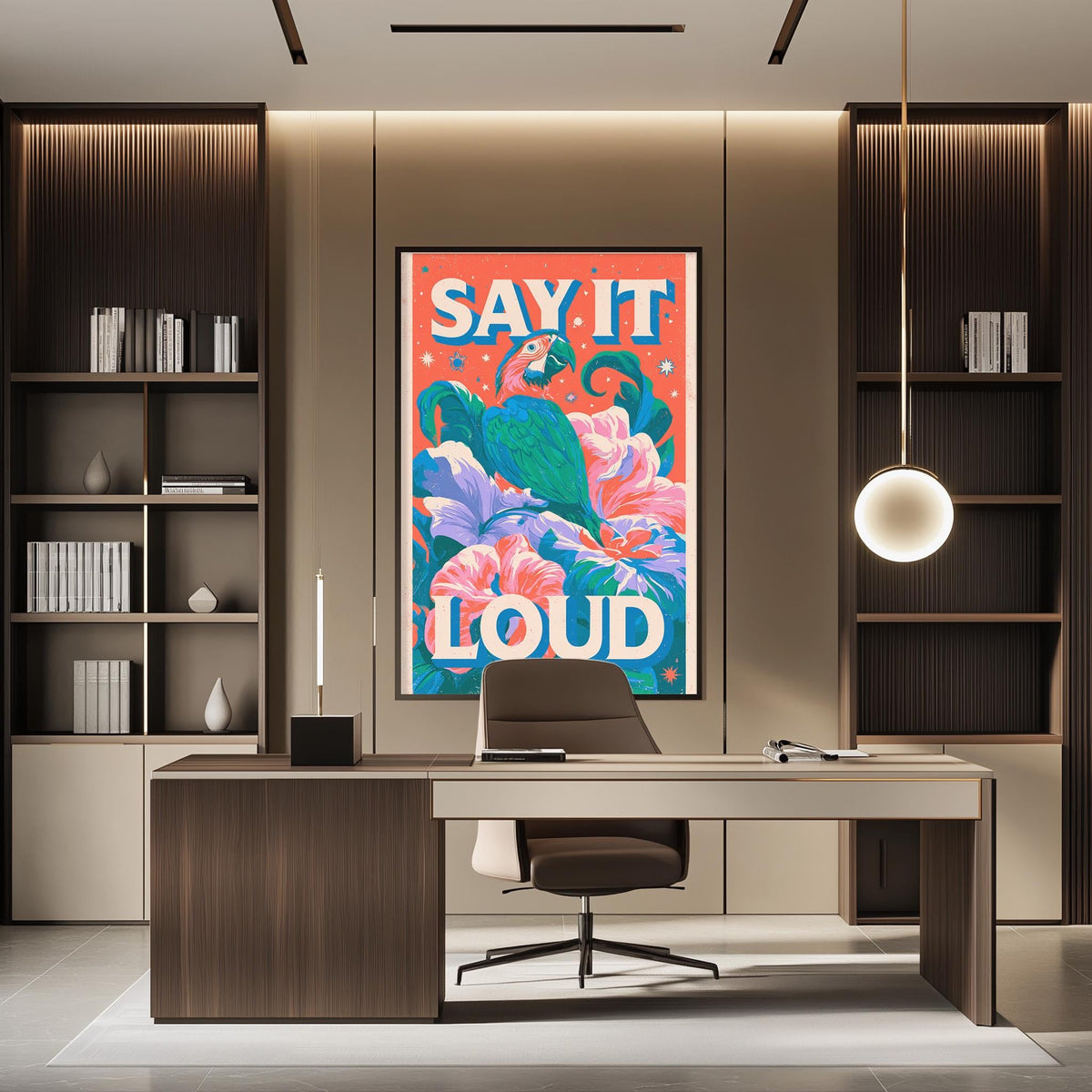 a modern office space with a large, colorful poster on the wall that says "SAY IT LOUD". The office has a wooden desk, a chair, and a bookshelf filled with books. The overall design and decor create a professional and vibrant atmosphere.
