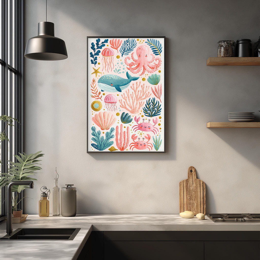 a kitchen counter with a framed print of colorful underwater illustrations hanging above it. The counter has various kitchen items, such as a cutting board, a bottle, and a bowl, as well as a potted plant and a vase.