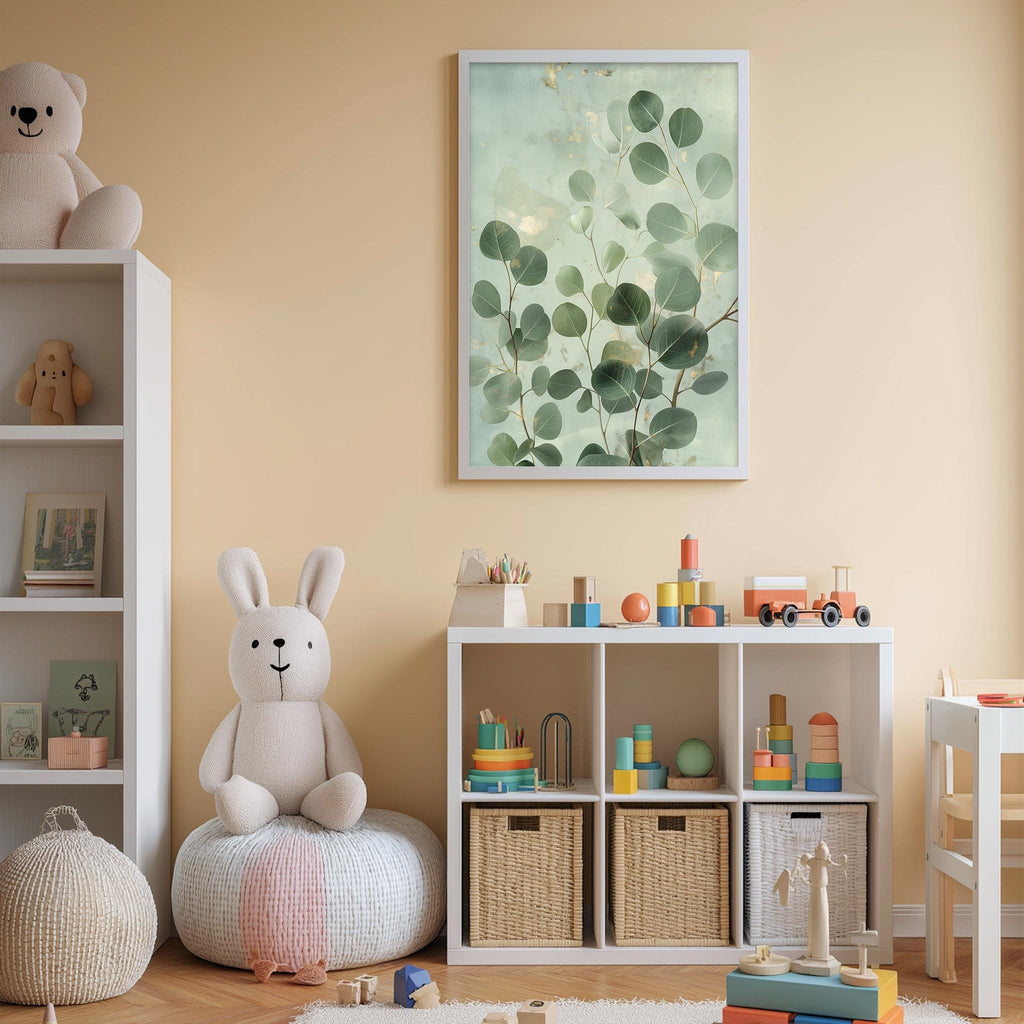 A cozy and colorful children's playroom with a white bookshelf, a plush rabbit, and a toy train set. The room has a warm, inviting atmosphere with a framed picture of green leaves on the wall.