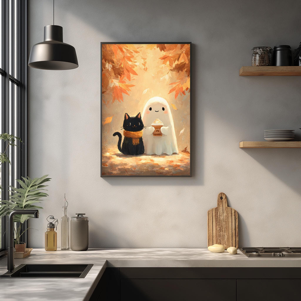 a kitchen scene with a framed illustration of a ghost and a cat on the wall.