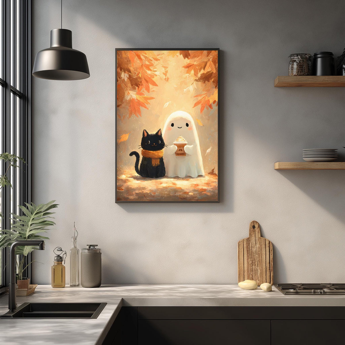 a kitchen scene with a framed illustration of a ghost and a cat on the wall.