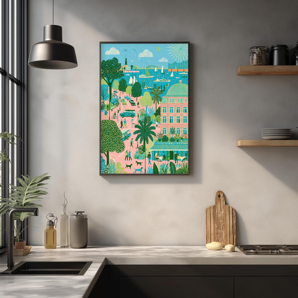 a kitchen counter with various kitchen items, such as a cutting board, a sink, and a bottle. Above the counter, there is a framed illustration depicting a tropical city scene with palm trees, buildings, and people.