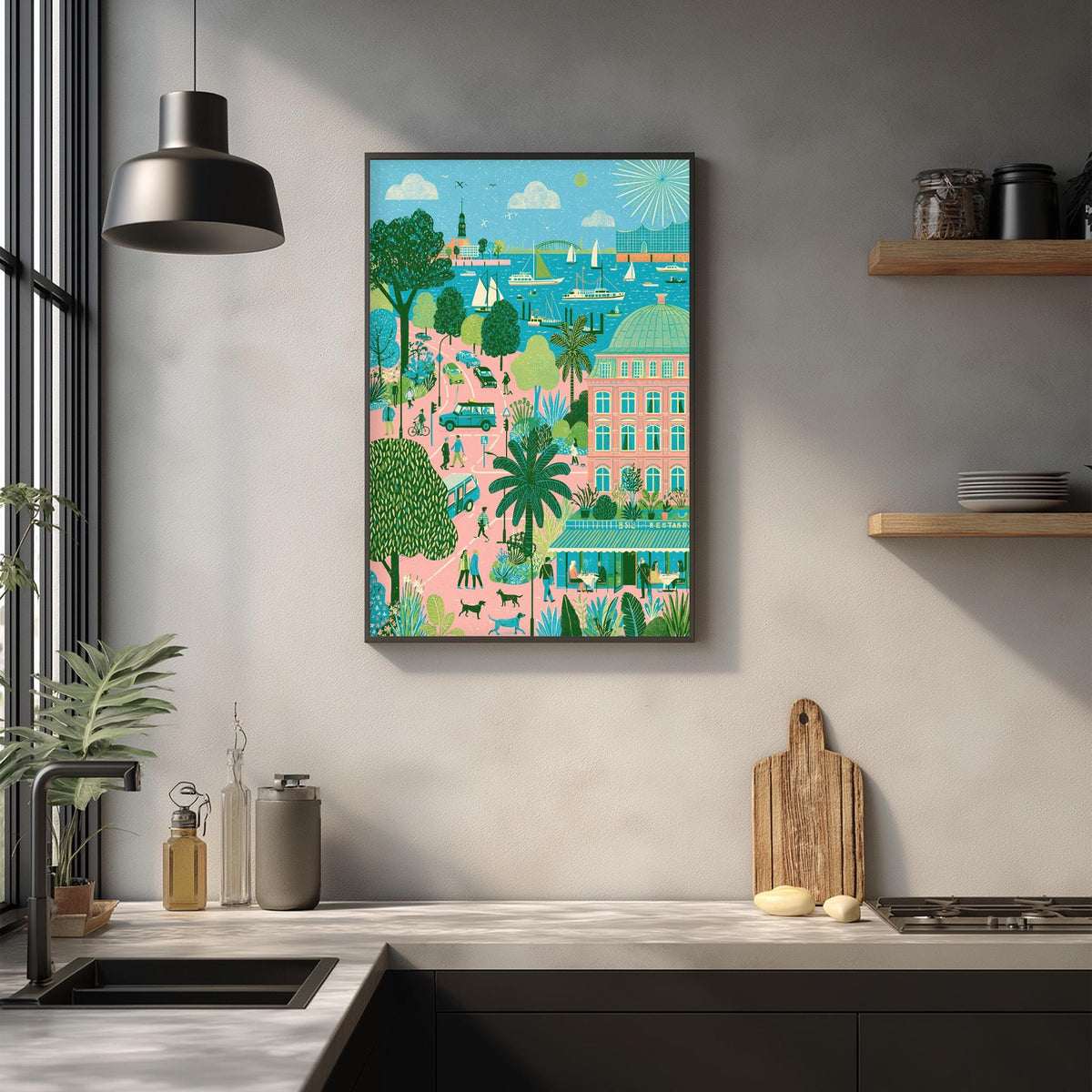 a kitchen counter with various kitchen items, such as a cutting board, a sink, and a bottle. Above the counter, there is a framed illustration depicting a tropical city scene with palm trees, buildings, and people.