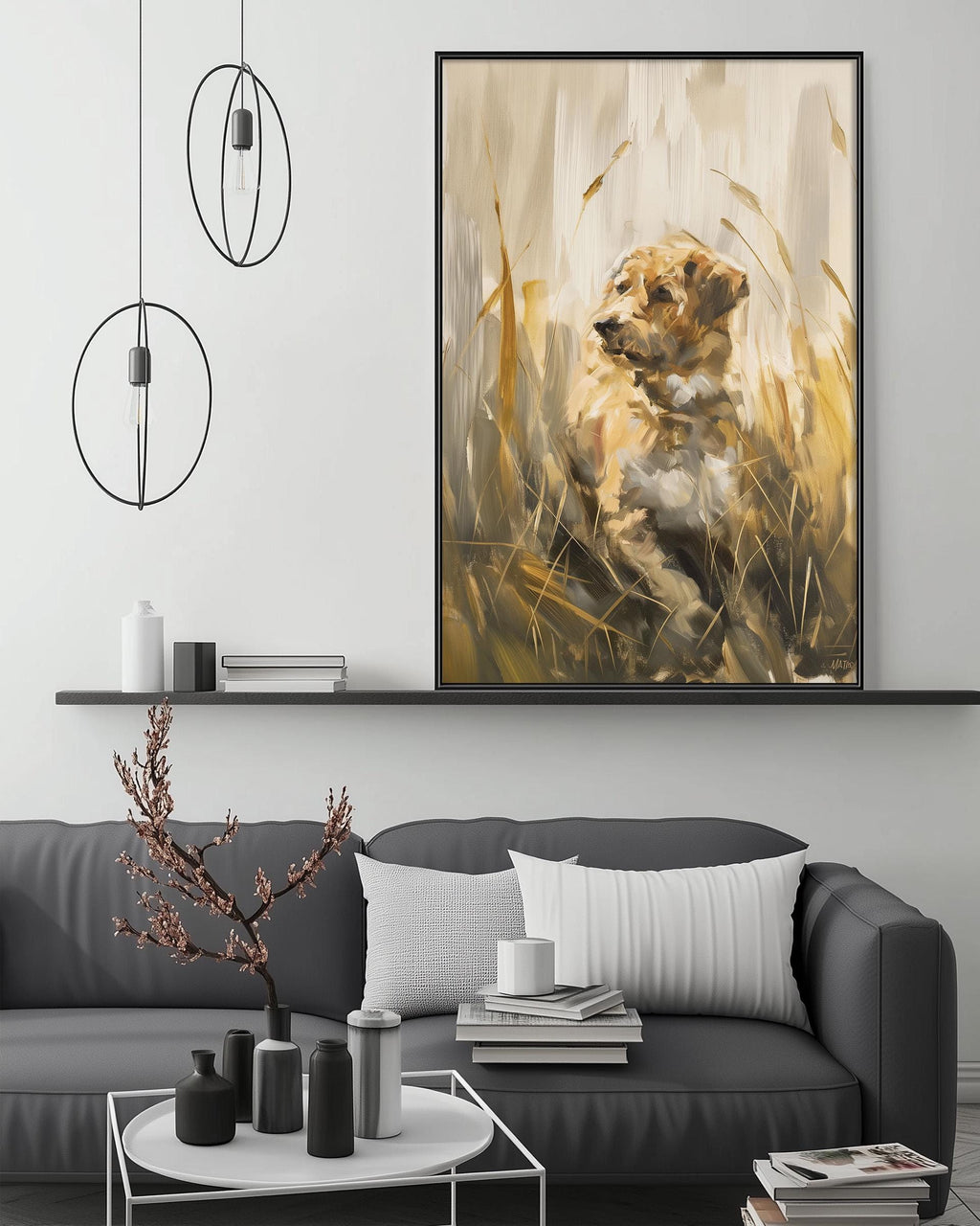 a modern living room with a gray sofa, a coffee table, and a large painting of a dog in a field of tall grass hanging on the wall above the sofa.
