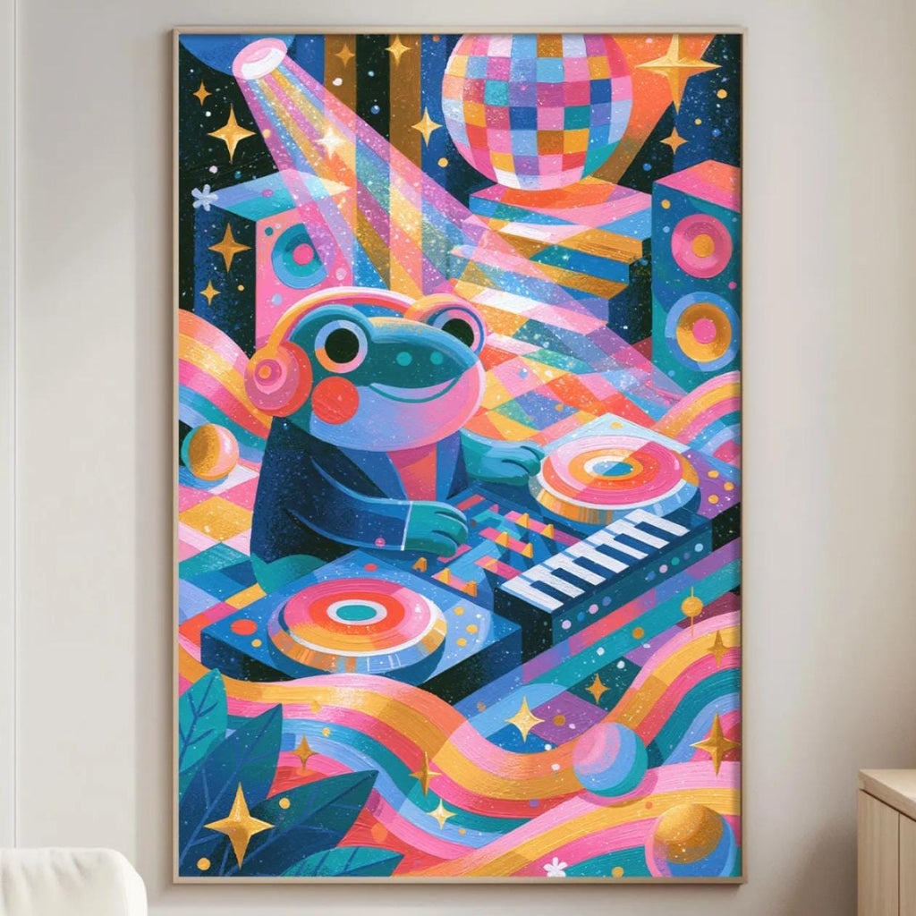 a vibrant, colorful painting of a frog sitting at a music keyboard, surrounded by a lively, abstract background with various shapes, patterns, and colors.