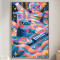 a vibrant, colorful painting of a frog sitting at a music keyboard, surrounded by a lively, abstract background with various shapes, patterns, and colors.