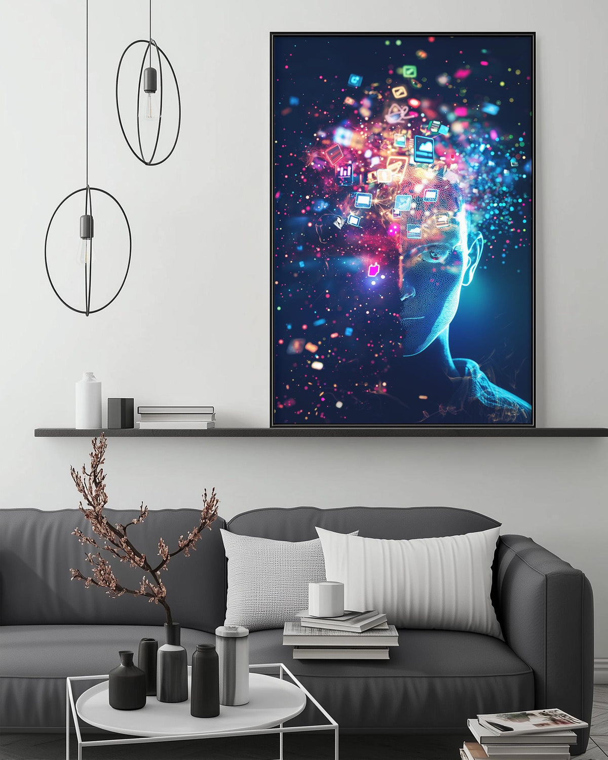a modern living room with a gray sofa, a coffee table, and a large framed artwork depicting a futuristic, glowing face on the wall.