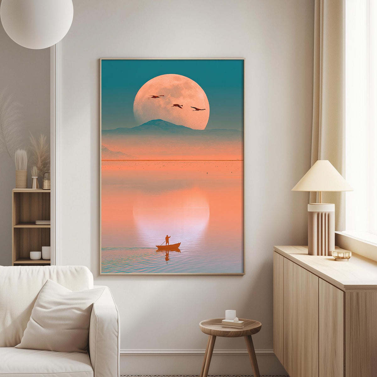 a large, colorful painting of a boat on a lake, with a large moon in the background.