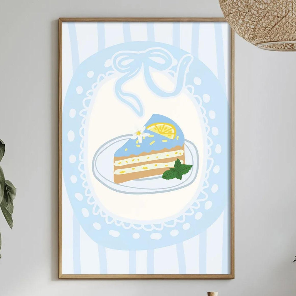 a dining table with a white tablecloth, a vase of flowers, a bottle of wine, and a framed picture of a slice of cake on the wall.