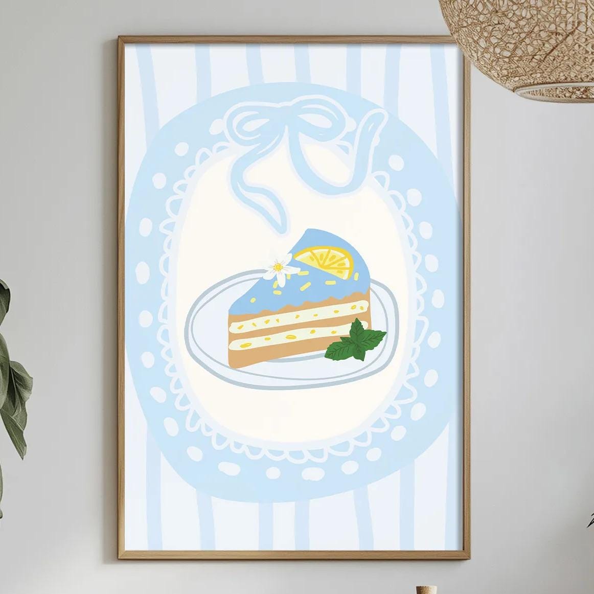 a dining table with a white tablecloth, a vase of flowers, a bottle of wine, and a framed picture of a slice of cake on the wall.