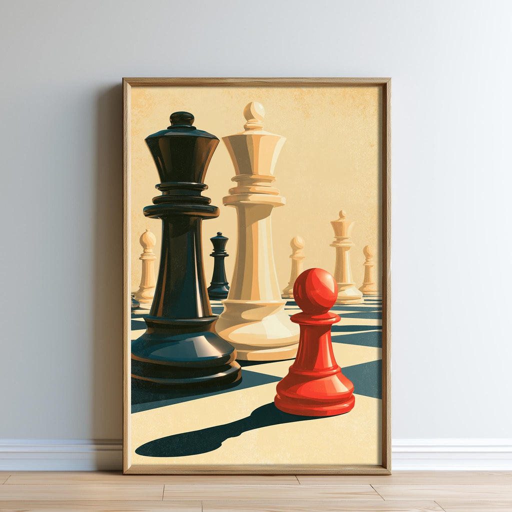 The image is a framed illustration depicting a chess game with a black king, a white king, and a red pawn positioned on a chessboard.