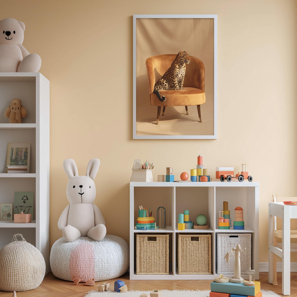 A cozy children's room with a plush white bunny, a stuffed leopard, and a bookshelf filled with toys and books. The room has a warm, inviting atmosphere with a framed picture of a leopard on the wall.