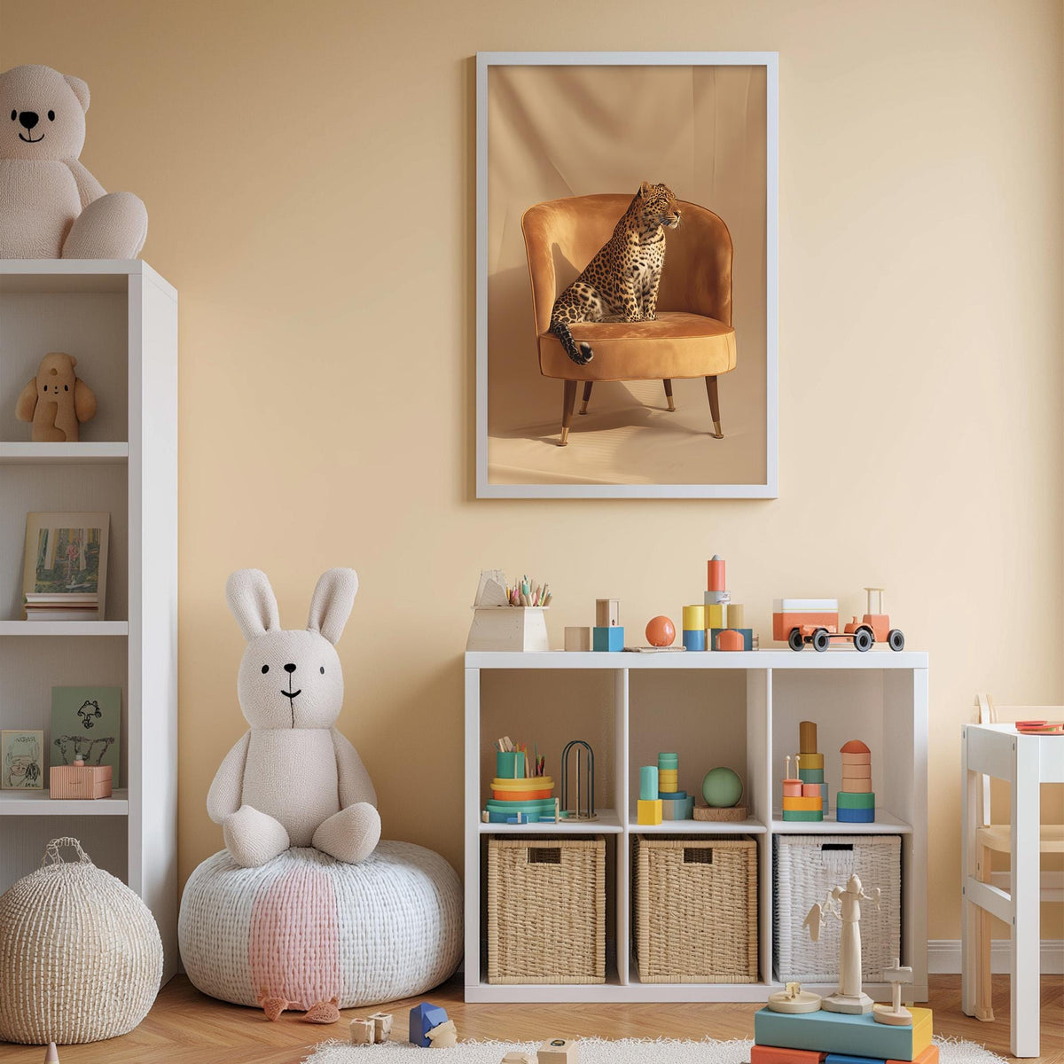 A cozy children's room with a plush white bunny, a stuffed leopard, and a bookshelf filled with toys and books. The room has a warm, inviting atmosphere with a framed picture of a leopard on the wall.