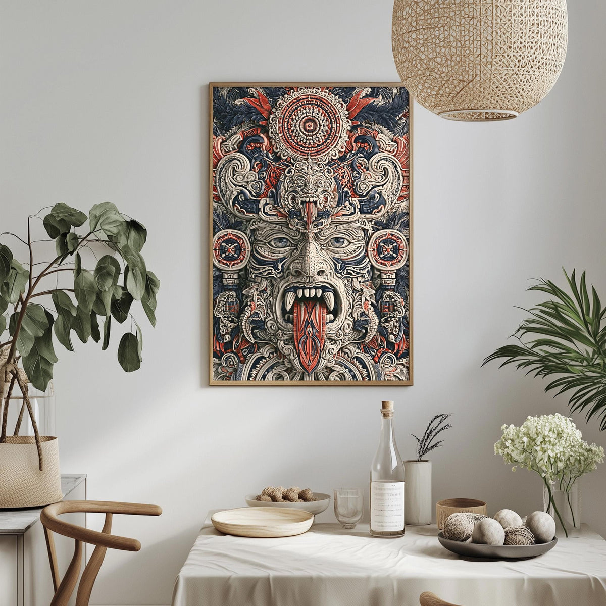 a dining table with a white tablecloth, a bowl of fruit, a bottle, and a vase with flowers. Above the table, there is a framed picture of a colorful, intricate design with a face and various patterns.