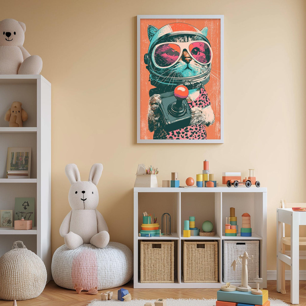 A child's bedroom with a white bookshelf, a stuffed rabbit, a toy car, and a colorful poster of a cat wearing a helmet and sunglasses.
