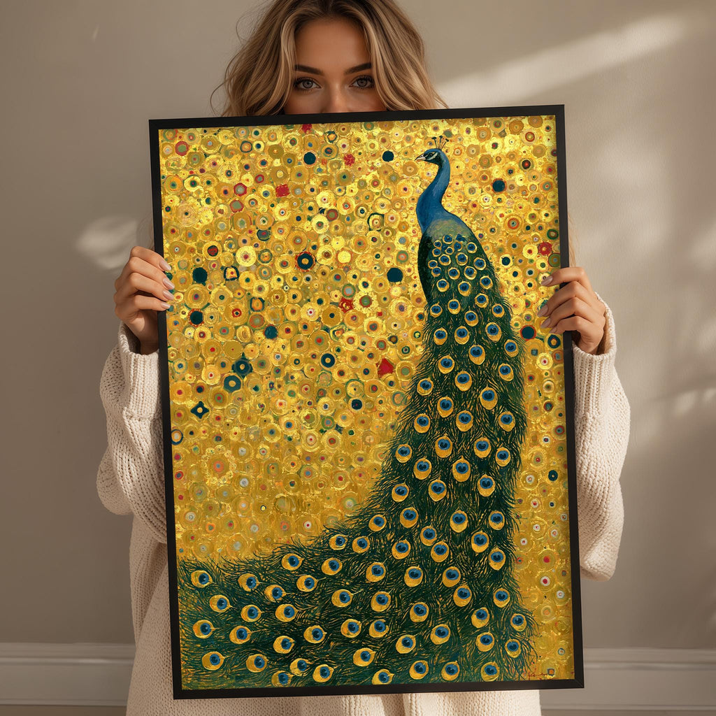 A woman holds up a framed painting of a peacock, showcasing its vibrant colors and intricate patterns.