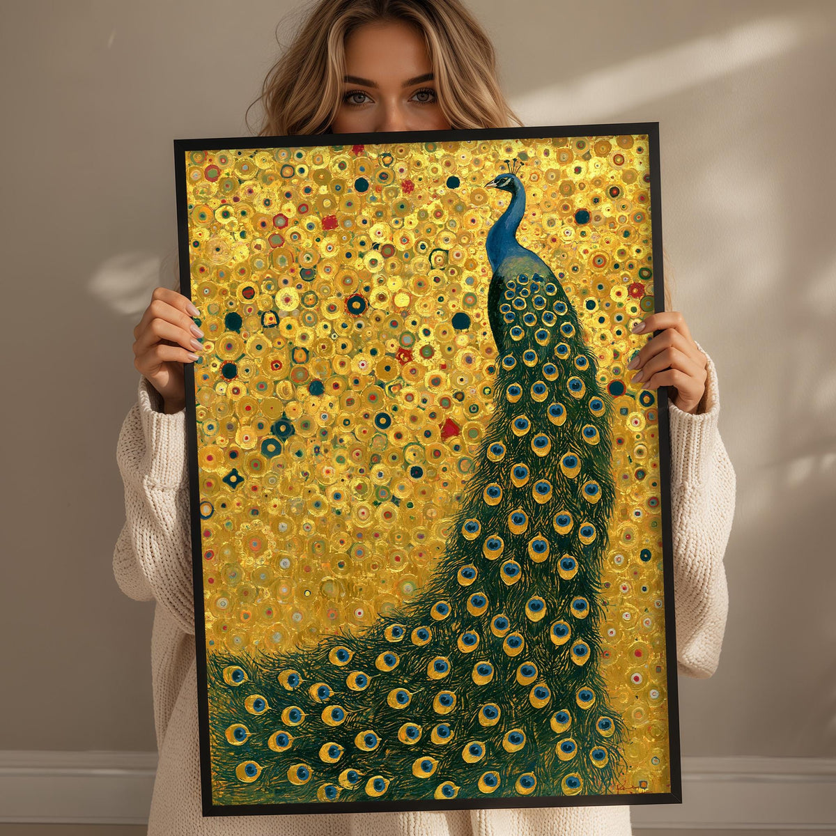A woman holds up a framed painting of a peacock, showcasing its vibrant colors and intricate patterns.