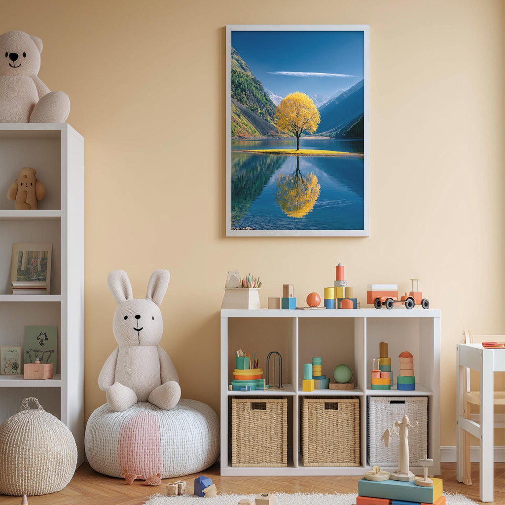 A cozy children's room with a large stuffed bunny, a bookshelf, and a toy chest filled with toys. The room has a warm, inviting atmosphere, with a framed picture of a serene lake and a tree reflected in the water.