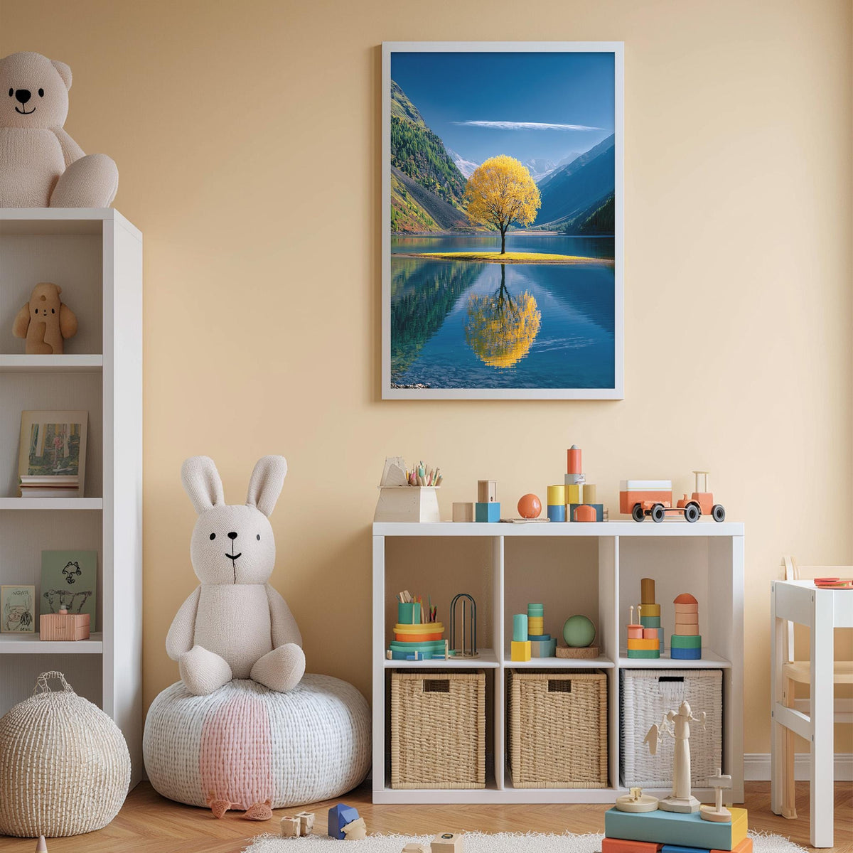 A cozy children's room with a large stuffed bunny, a bookshelf, and a toy chest filled with toys. The room has a warm, inviting atmosphere, with a framed picture of a serene lake and a tree reflected in the water.