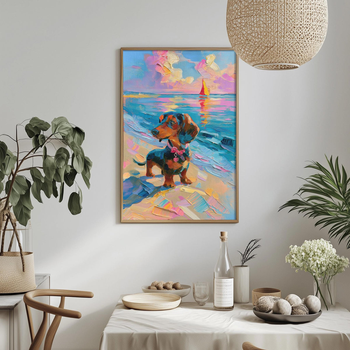 a vibrant painting of a dog on a beach, with a sailboat in the background, hanging on a wall above a dining table.